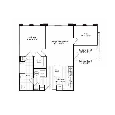 Floor plan for 1 bed, 1 bath, 852 sqft